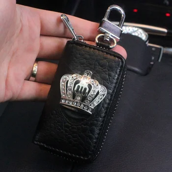 

Crystal Crown Car Key Case Key Organizer Storage Bag Brief Zipper Auto Key Holder Covers Drivers license Bag