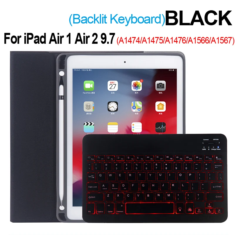 Black Air 12 SC Верхняя откидная клавиатура с подсветкой для Apple iPad 9,7 5-го 6-го поколения, чехол с Bluetooth клавиатурой для iPad Air 1 Air 2 5 6, чехол - Цвет: Black Air 12 SC