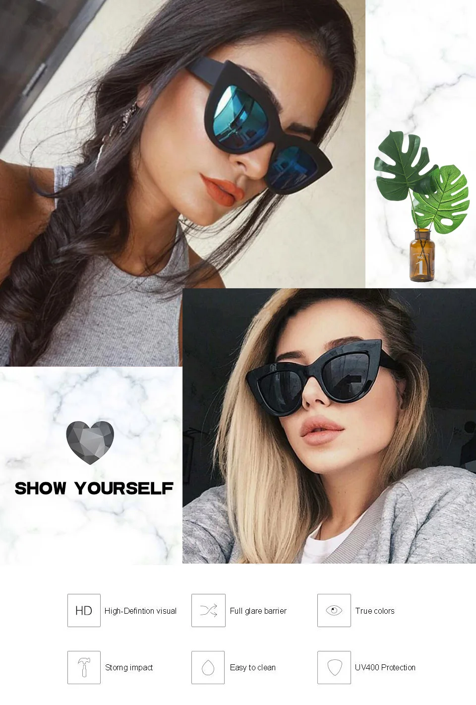 WUE NEW Retro Thick Frame Cat Eye Sunglasses Women Ladies Fashion Brand Designer Mirror Lens Cateye Sun Glasses For Female