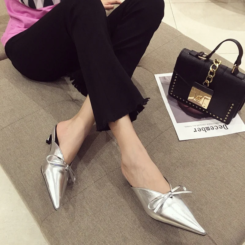 

Fashion Lazy Slipper Women Shoes Women's 2018 New Style Silver Bow Pointed-Toe Semi-high Heeled Fashion