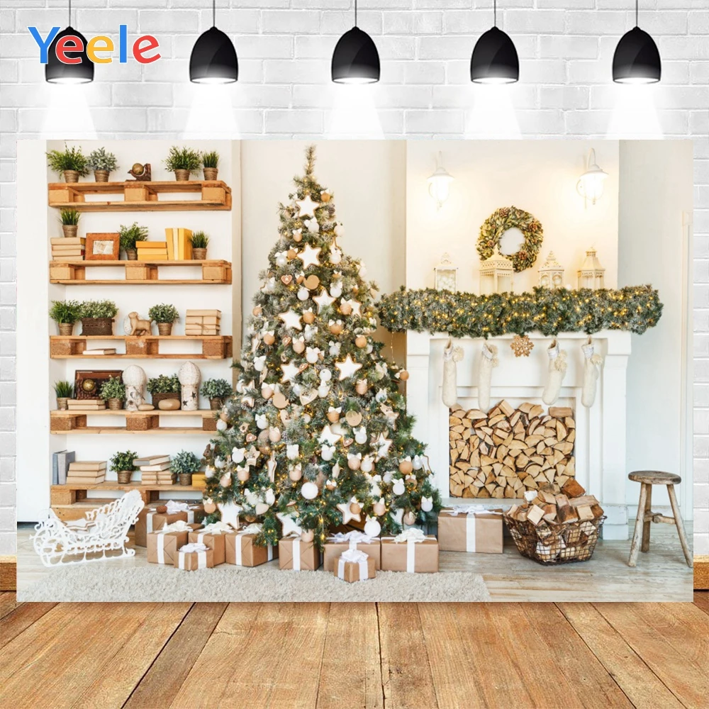 

Yeele Merry Christmas Tree With White Balls Gifts And Fireplace Photo Background Photophone Backdrops for Decor Customized Size