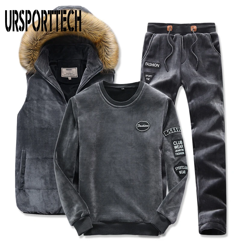Tracksuit Men Pants Velvet 3piece-Set Sportswear Hooded-Vest Winter Thick Plus Homme