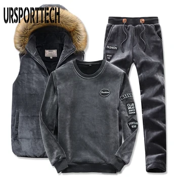 3 pezzi Set Tuta Da Uomo di Inverno di Sport del Vestito Con Cappuccio Della Maglia + Felpa + Pantaloni Più I Pantaloni di Velluto Oro di Spessore Sportivo Homme gli uomini di Abbigliamento