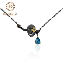 GEM'S балетные 925 пробы серебряные ювелирные изделия ручной работы натуральный Лондон Голубой топаз череп из драгоценных камней кулон ожерелье для женщин