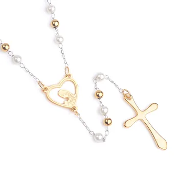 

Golden Stainless Steel Women Rosary Necklace with Heart Catholic Pray Rosaries