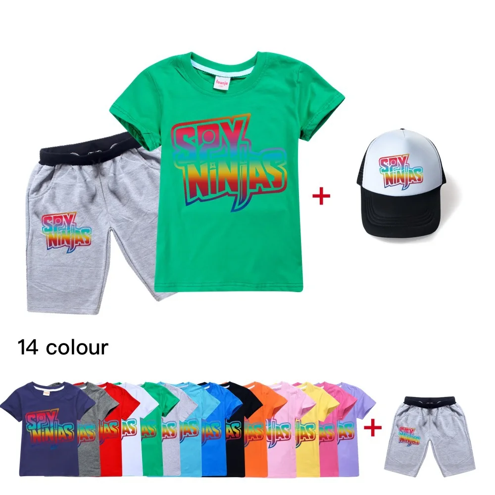 

New Girls Clothes SPY NINJA Sportswear with Hats Kids Summer T-shirt Tops + Pants Cotton Short Sleeve Outfits Children Clothing