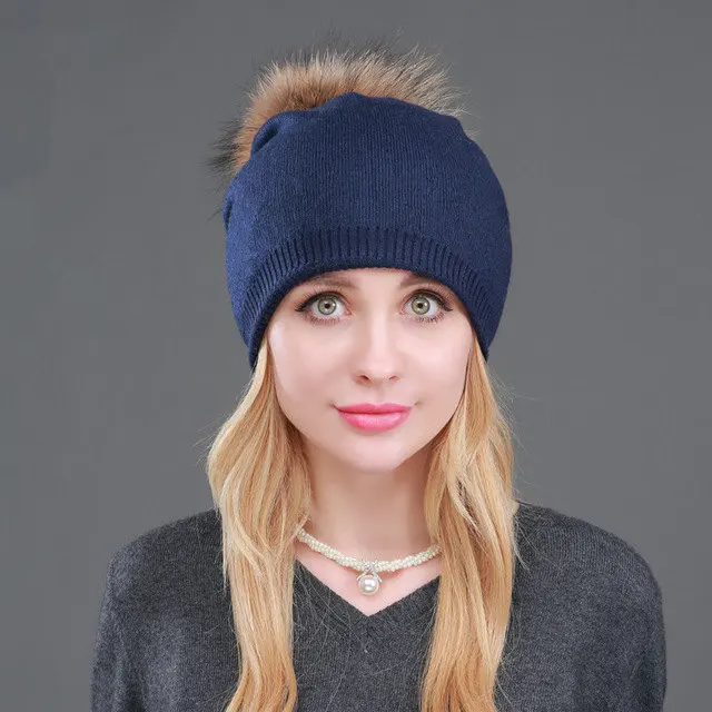 High Quality Women Dual layer Wool Knitted hats with big Real Fur Pompoms Warm Slouchy beanies hat ladies Fashion Skullies - Цвет: navy