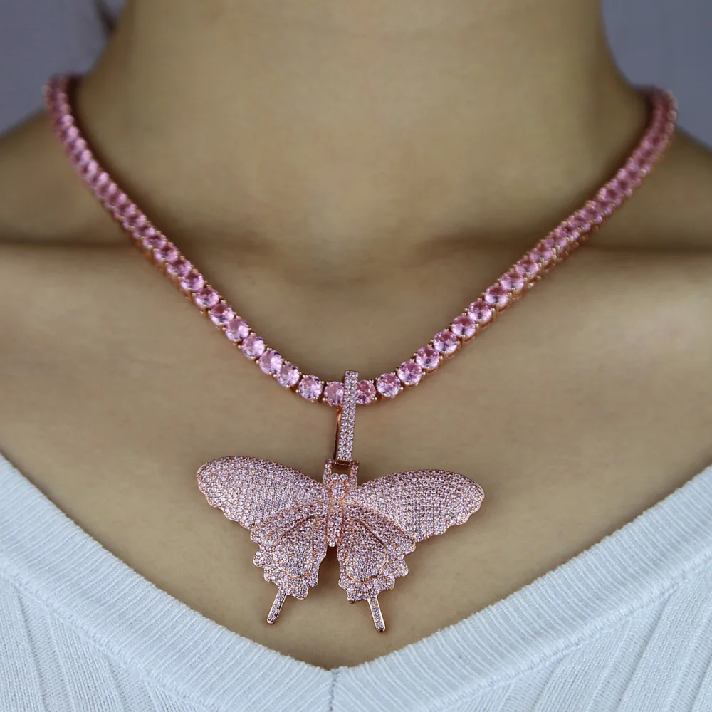 rose gold set 46cm Мужская и женская хип-хоп крутая блестящая розовая AAA cz подвеска с подвеской в виде животного бабочки рок Модные ювелирные изделия - Окраска металла: rose gold set 46cm