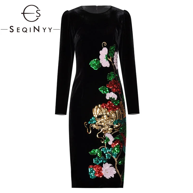 

SEQINYY Velvet Dress 2020 Autumn Winter New Fashion Design Women Long Sleeve Sequins Flowers Black Sheath Knee Dress