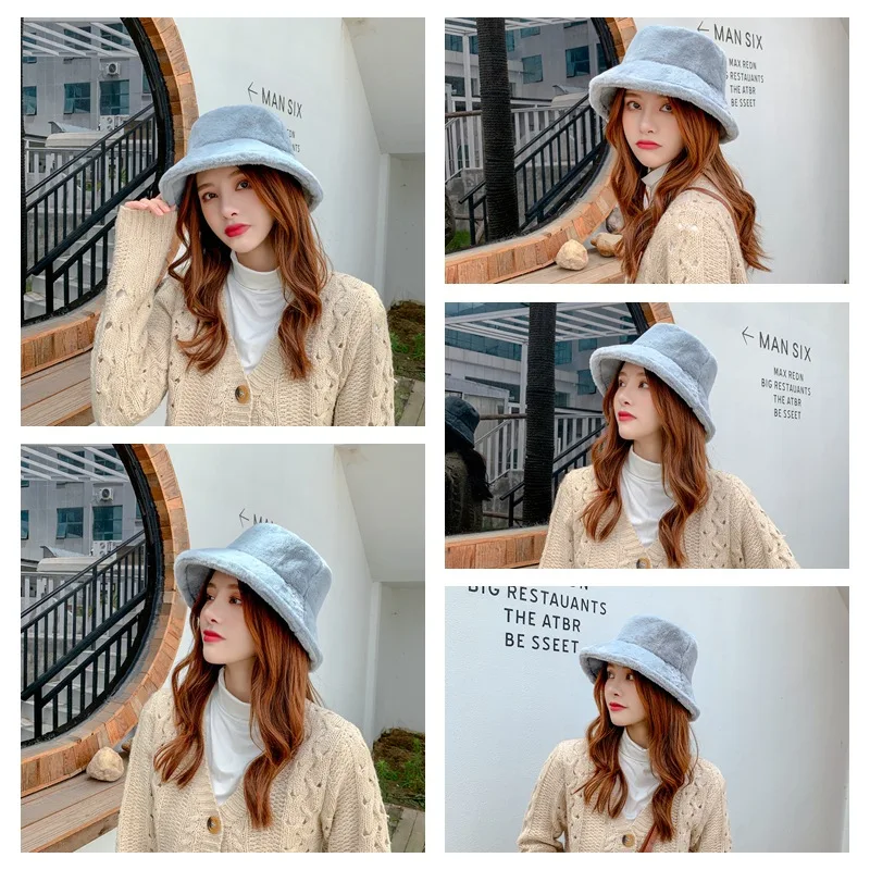 

Women Girls Winter Thickened Fluffy Plush Cap Plain Solid Color Wide Brim Sun Protection Packable Outdoor Fisherman Hat Cï¼š81410
