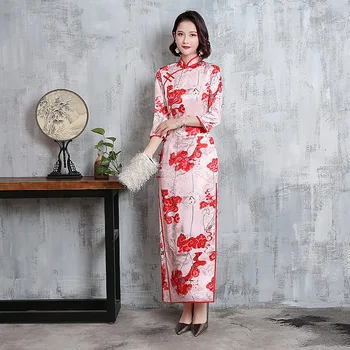 

FZSLCYIYI Chinese Women Qipao Plus Size 5XL Vintage Print Flower Cheongsam Satin Long Slim Dresses Elegant Female Chinese Dress