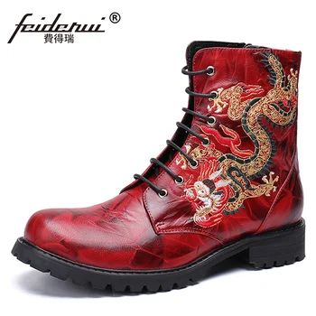 

Plus Size New Retro Round Toe Man Handmade Embroidery High-Top Shoes Genuine Leather Laces Men's Riding Ankle Boots SL631