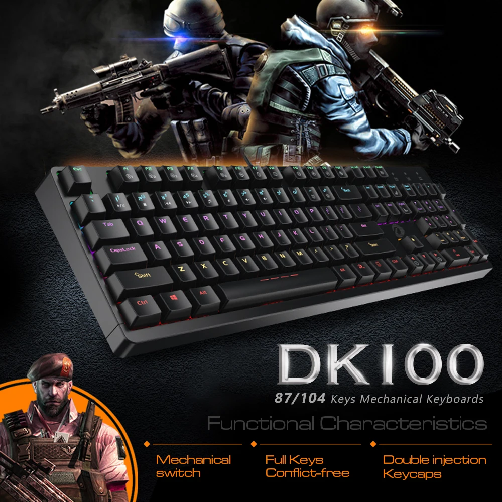 DAREU DK100 Mechanical Keyboards 87/104 keys Blue/Black Switch Conflict-free macro Multimedia Gaming Keypad For PC Laptop Game