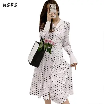 

Autumn Shirt Dresses White Dot Full Sleeve Womens Dress Elegant Bodycon Bandage Business Vintage Sexy Party Midi Aline Clothes