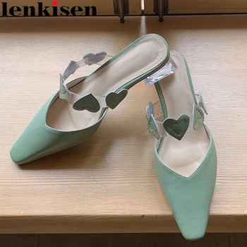 

Lenkisen french romantic fairy sweet heart full grain leather square toe high crystal heel mules slip on dating maiden pumps L61