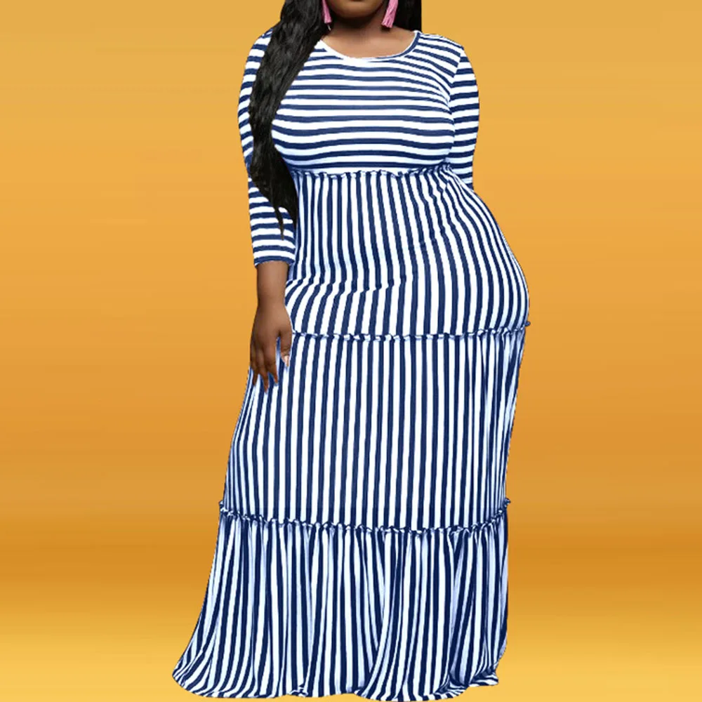 

Plus Size Striped Dress Women 2019 Autumn African Style Office Causal Elegant Long Maxi Dresses Party Robe Black/Red/Blue 4XL