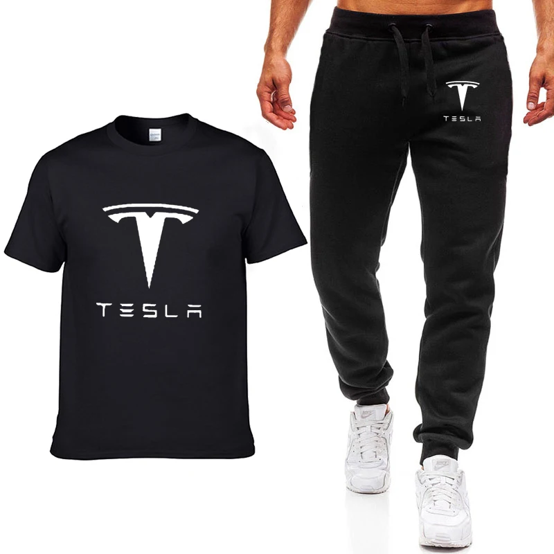 Модные летние мужские футболки Tesla с логотипом автомобиля, повседневная хлопковая футболка с коротким рукавом высокого качества, штаны, мужская одежда