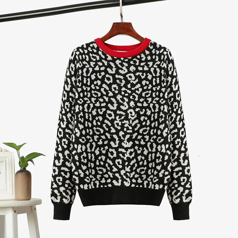 Осень-зима, Леопардовый принт, контрастный свободный женский свитер, повседневный пуловер с длинным рукавом, женские вязаные топы с круглым вырезом, женские свитера