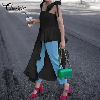 

2020 Summer Womens Sleeveless Asymmetrical Long Tops Celmia Vintage Casual Ruffled Hem Solid Shirt Plus Size Straps 5XL Blouses
