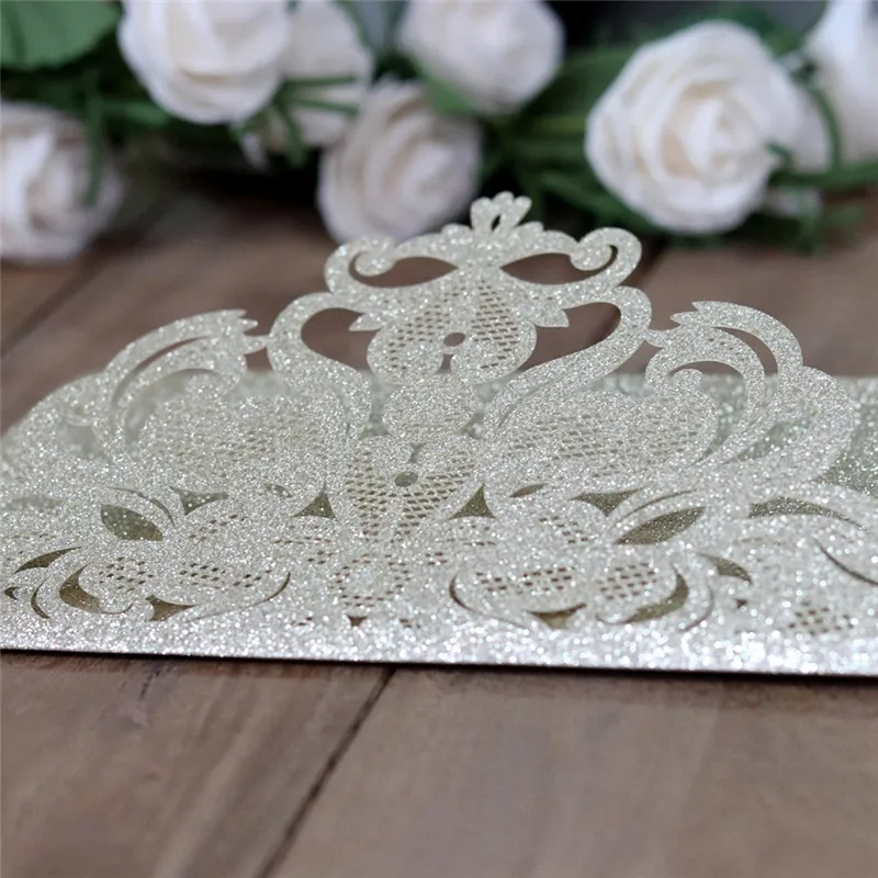  10pcs Elegant Hollowing Embossing Laser Cut Wedding Invitation Greeting Card Tri-Fold Business Card - 4000539576360