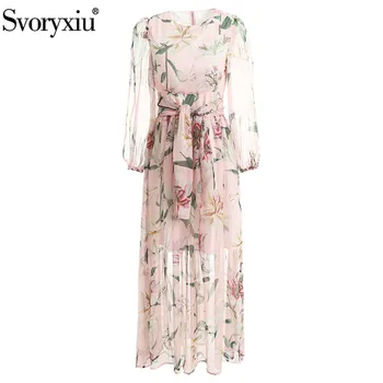 

Svoryxiu lily Flower Printed Chiffon Holiday Long Dress Women's Elegant Lantern Sleeve Runway Autumn Female Dress Vestdios