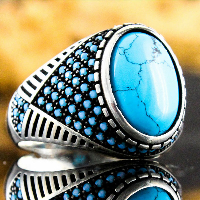 Handmade Vintage Big Oval Natural Turquoise Stone Ring For Men Women Retro Gold Silver Color Blue Bead Wedding Band Gift