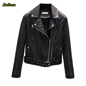 

Smlinan Motorcycle Biker Leather Coat Women Spring Autumn Turn-down Collar Zipper Black Punk Streetwear Leather Jacket Female