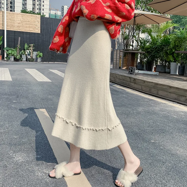 

2019 New Style Autumn And Winter Skirt Women's High-waisted Versatile Slimming A- line Knitted Yarn Long Skirts Mid-length Solid