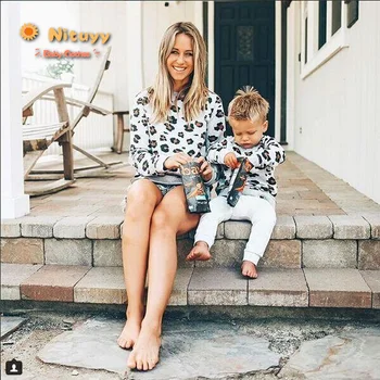 

Autumn Winter Women Off Shoulder Ladies Leopard Print Top Sweatshirt Jumper Long Matching Family Clothes