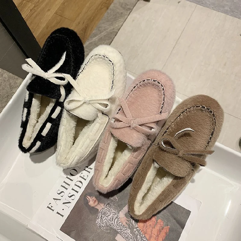 women Korean casual round toe shallow loafers winter warm lace-up bow-tied slip on moccasins brand sewing fur cotton shoes