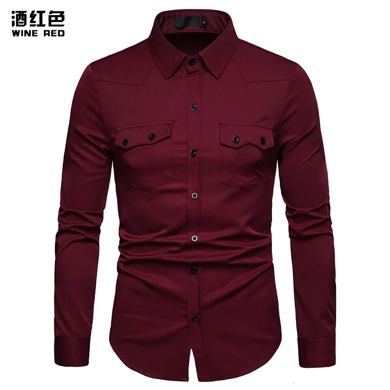 9 модный бренд Camisa Masculina рубашка с длинными рукавами Мужская однотонная приталенная дизайнерская официальная повседневная мужская рубашка Размер M-4XL - Цвет: Red