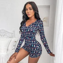 Pelele de Navidad para mujer, ropa de casa con estampado de manga larga, pantalones cortos con cuello en V, informal, para otoño y primavera