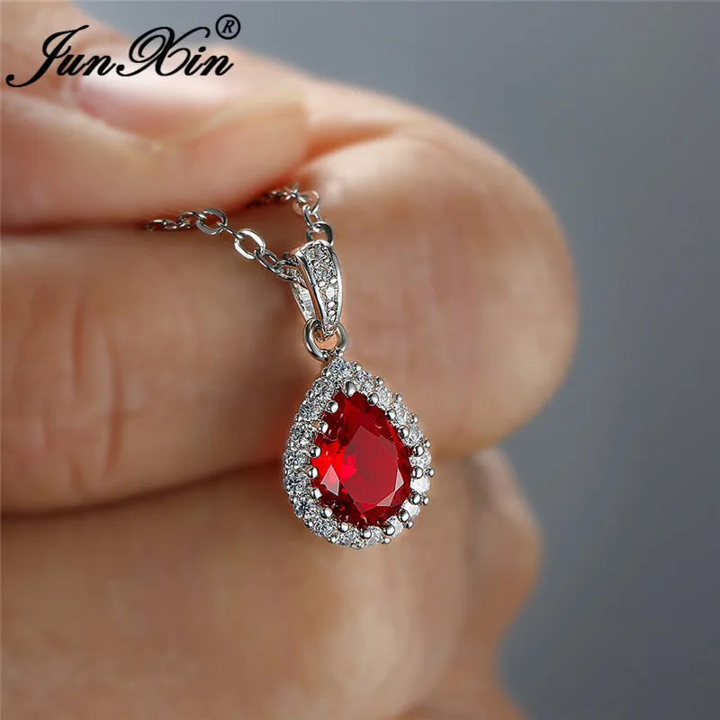 Multicolor Crystal Water Drop Stone Pendant Green Red Blue Zircon Necklaces For Women White Gold Colorful Pear Cz Wedding Choker