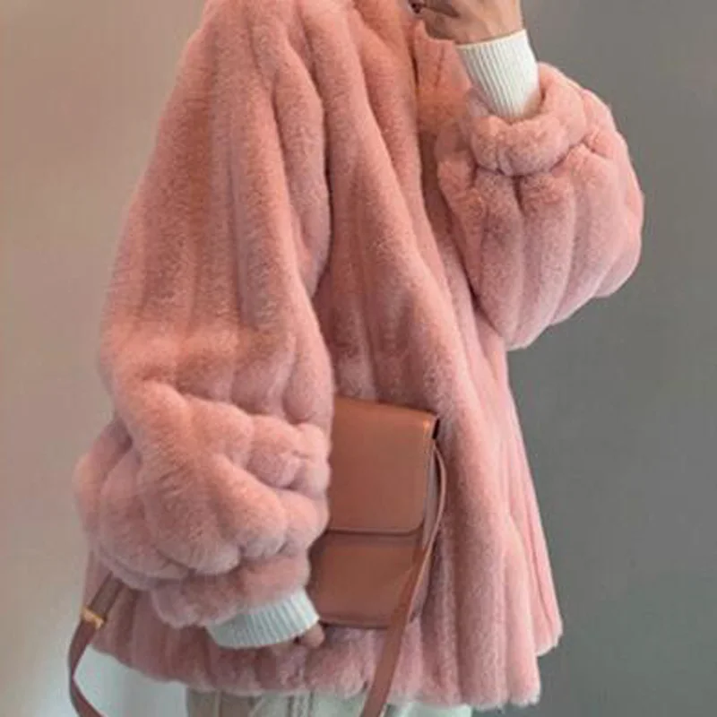AGong искусственный мех норки толстые пальто для женщин Мода Стенд воротник свободные куртки для женщин элегантные однотонные пальто для женщин