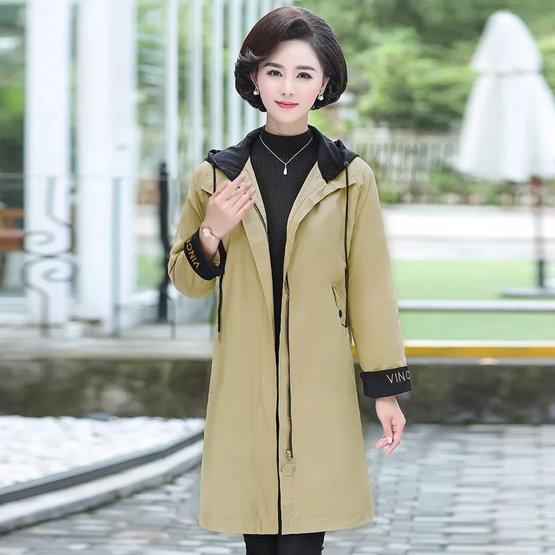 

Spring New Style Casual Mid-length Large Size Trench Coat 40-50-Year-Old Mom Spring And Autumn Fashion Solid Color Hooded Coat
