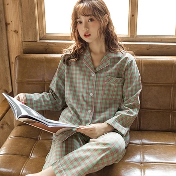 

Women Spring Autumn Pajamas Cotton Long-Sleeved Net Red Models Korean Big Red Natal Year Lattice Cotton Home Service Nighties