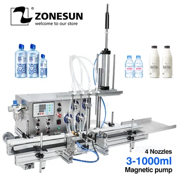 

ZONESUN 4 Nozzles Magnetic Pump Automatic Desktop Liquid Water Filler with Conveyor Alcohol Ethanol Perfume Filling Machine