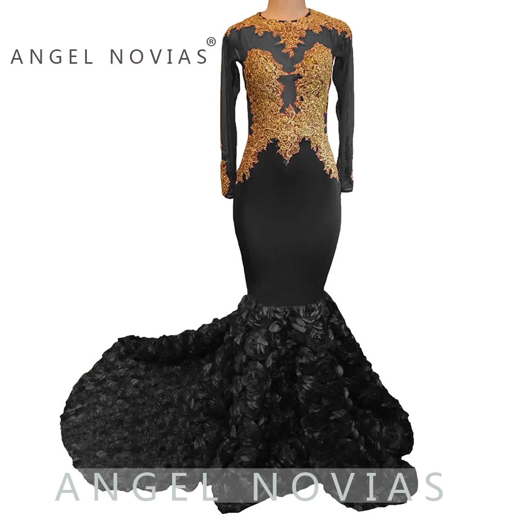 Long Sleeves Black Mermaid Prom Dresses for Black Girls African Prom Formal Party Gown