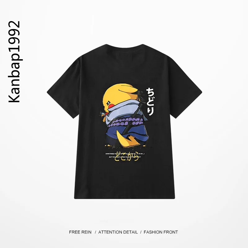 Harajuku, мужская и женская футболка с покемоном, японское слово, каваи, Пикачу, футболка, принт с животными, одежда, аниме, ниндзя, футболка, kanbap1992 - Цвет: Черный