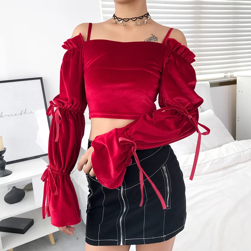 Tanie Rapwriter swobodne, z odkrytymi ramionami Spaghetti Strap Bow aksamitne koszulki damskie 2019 jesień Streetwear ze ściąganym kapturem, długa koszulka z krótkim rękawem