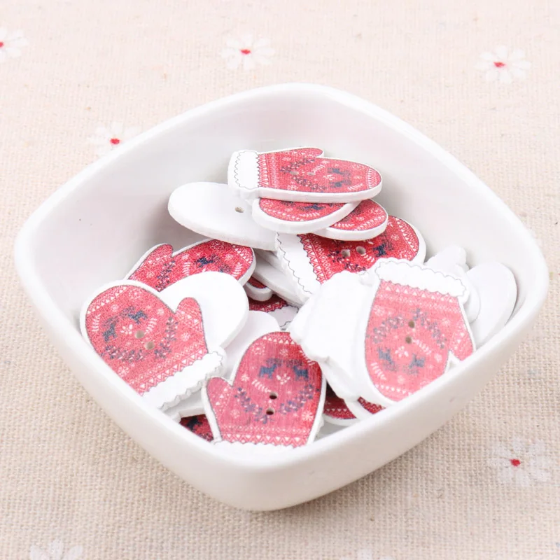Wooden Buttons Cute Red Christmas Gloves Shape Decorative Sewing Buttons Crafts 