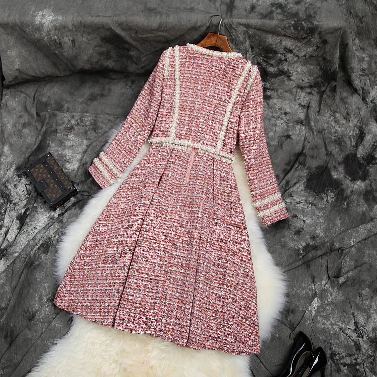 Tweed Suits Ladies Plus Size Beading Short Jacket+Sexy Sleeveless Dresses Two Piece Dress Set Elegant Office Sets Women