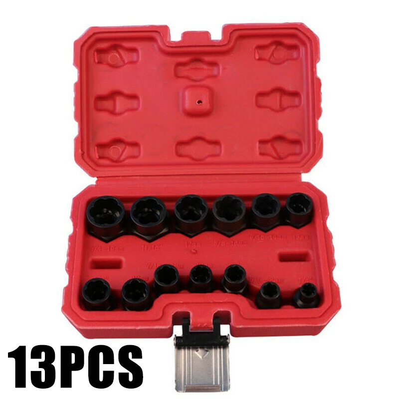 

13pcs Set Nut Extractors Remover Nut Extractors Socket Impact Wrench Tool High Hardness Metal Black High Hardness Metal