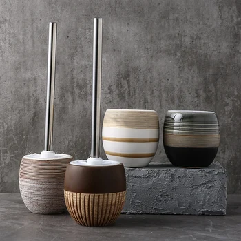 

Retro Round Ceramic Toilet Brush & Holder Set Cleaning Tool Circle Base Cream Series ceramics Bathroom Decor Accessories Stainle