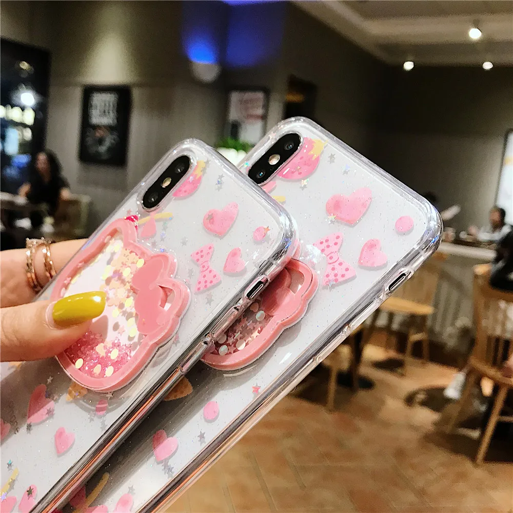 Милый розовый чехол для телефона с блестками Hello kitty из ТПУ с блестками для iPhone 6S 7 8 Plus X XR XS MAX love heart сыпучий песок украшение лазерный чехол
