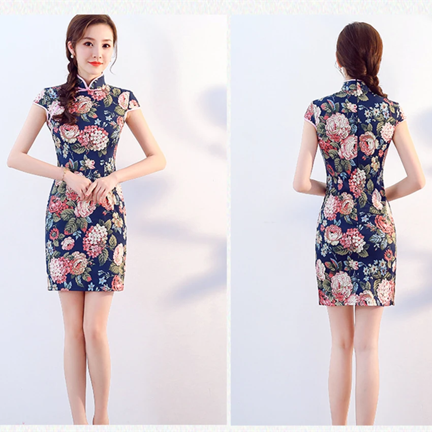 4Color Chinese Traditional Dress for Women Short Qipao Peony Lotus Chinese Style Cheongsam Party Wedding Floral Retro Dress