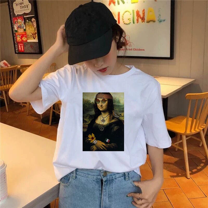Women's T-shirt Mona Lisa changed  Print T-shirt Clothes White TShirt Harajuku Graphic T-shirt Fashion Landscape T-shirt Female
