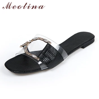 

Meotina Metal Decoration Slippers Women Crystal Transparent Flat Slides Ladies Leopard Shoes Female Summer Flat Sandals Black 11