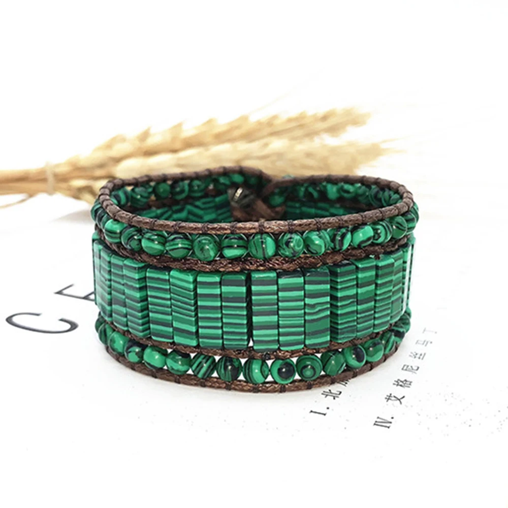 

Green Malachite Beads Cuff Bracelet Bangles for Women Boho 3 Rows Wrap Bracelets Handmade Geometric Fashion Jewelry Dropshipping