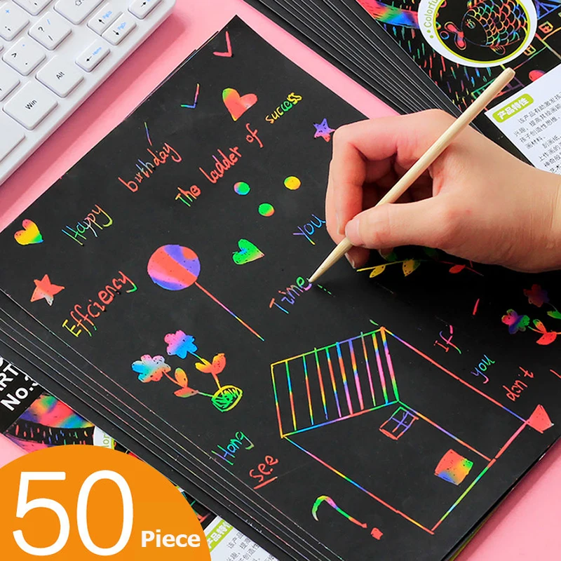 

Large Magic Color Rainbow Scratch Paper Note book Black DIY Drawing Toys Scraping Painting Kid Doodle
